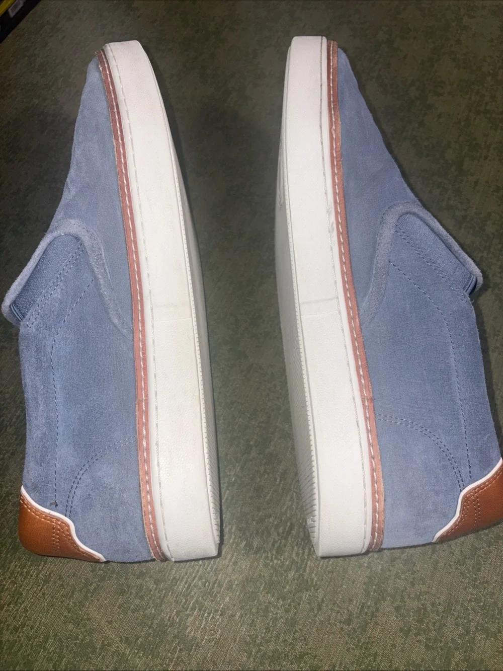 Allen Edmonds Light Blue Suede Slip-On Loafers with Tan Leather Trim